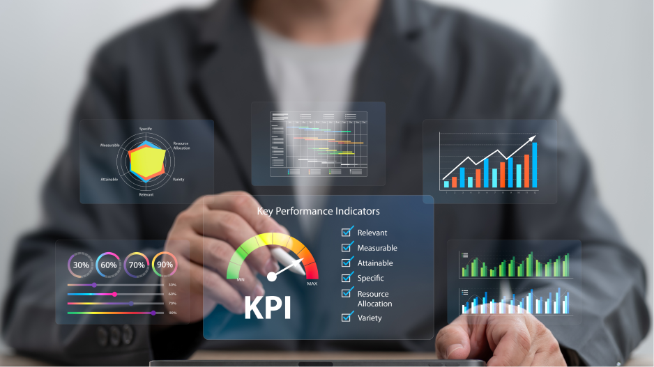 /_cms/webroot/Geschäftsmann der an einem Tablet arbeitet und verschiedene KPI Kennzahlen vor sich hat.