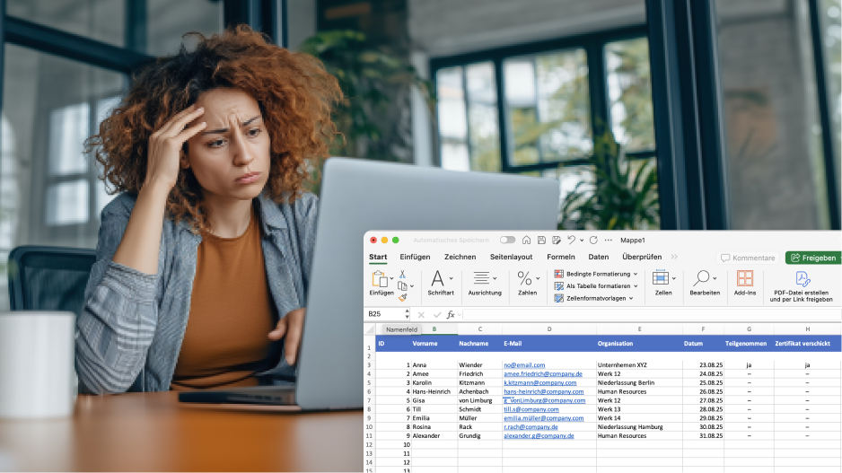 /_cms/webroot/Person arbeitet an einem Laptop in einem modernen Büro; im Vordergrund ist eine Excel-Tabelle mit Teilnehmerdaten und Trainingsstatus eingeblendet.