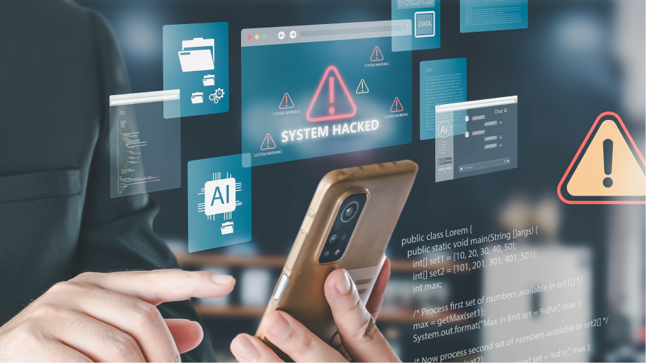 /_cms/webroot/Person nutzt Smartphone, während digitale Warnhinweise wie ‚System Hacked‘ und Cybersecurity-Symbole eingeblendet sind.
